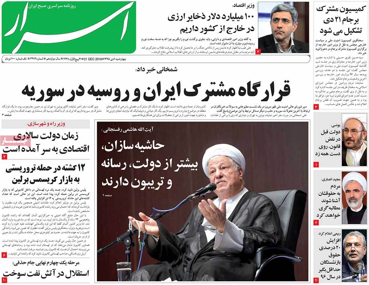 A Look at Iranian Newspaper Front Pages on December 21