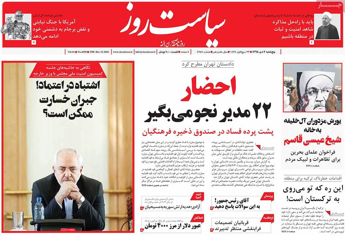 A Look at Iranian Newspaper Front Pages on December 22