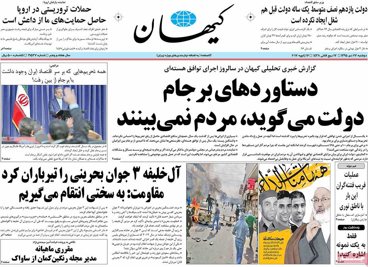 A Look at Iranian Newspaper Front Pages on January 16