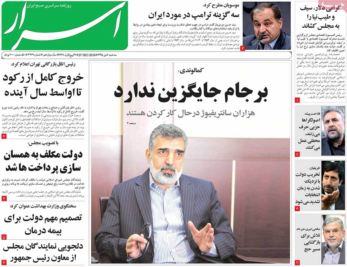 A Look at Iranian Newspaper Front Pages on December 27