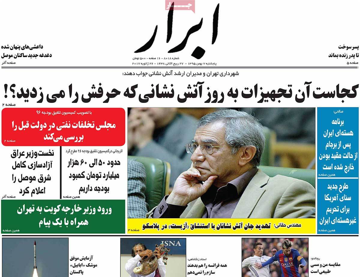 A Look at Iranian Newspaper Front Pages on January 26