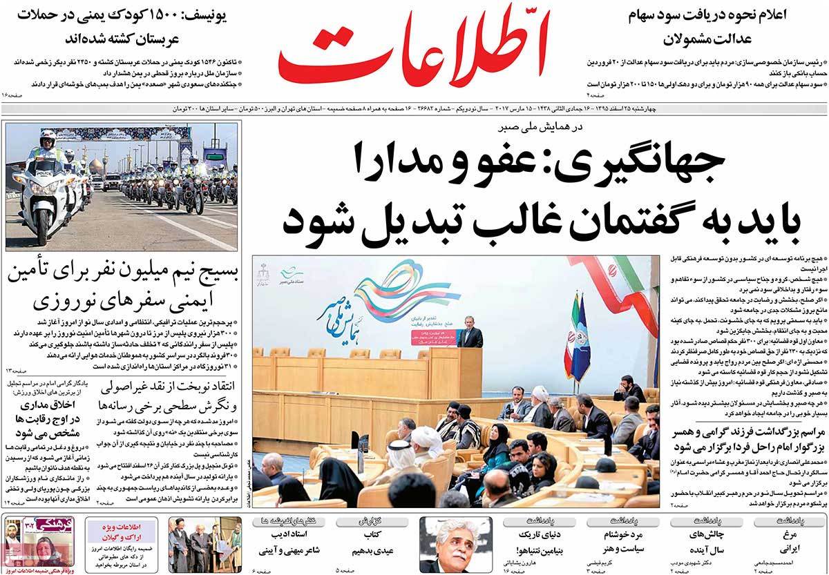 Iranian Newspaper Front Pages on March 15 etelaat