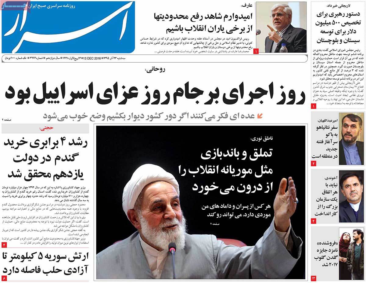 A Look at Iranian Newspaper Front Pages on December 13