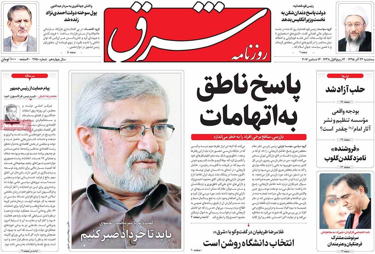 A Look at Iranian Newspaper Front Pages on December 13