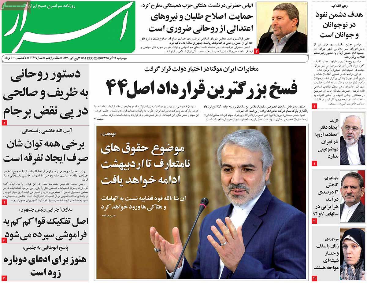 A Look at Iranian Newspaper Front Pages on December 14