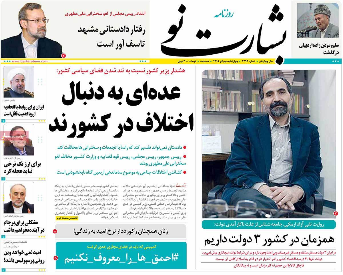 A Look at Iranian Newspaper Front Pages on November 23