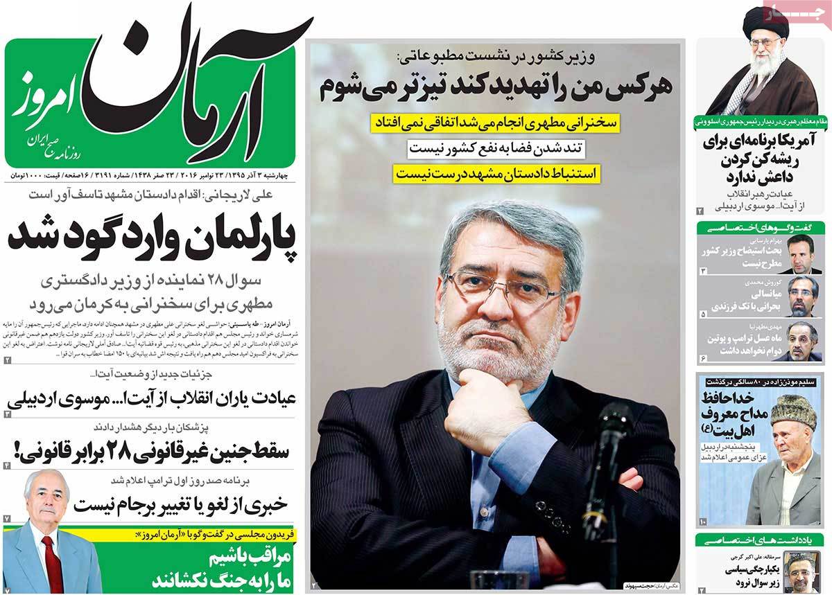 A Look at Iranian Newspaper Front Pages on November 23