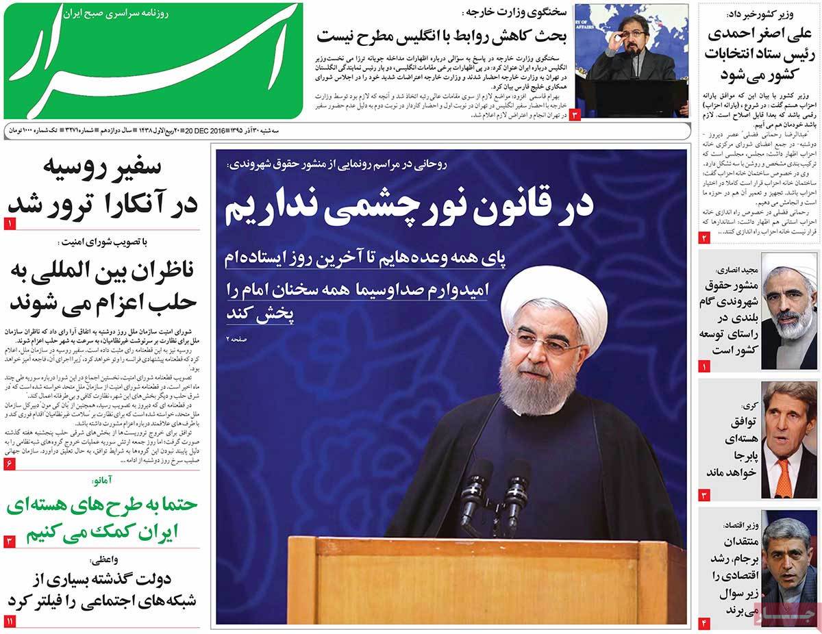 A Look at Iranian Newspaper Front Pages on December 20