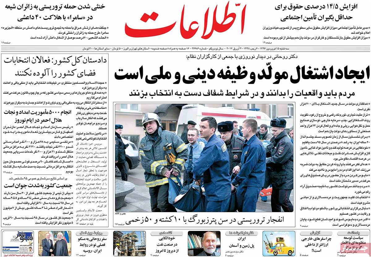 A Look at Iranian Newspaper Front Pages on April 4-ettelaat A Look at Iranian Newspaper Front Pages on April 4-ettelaat
