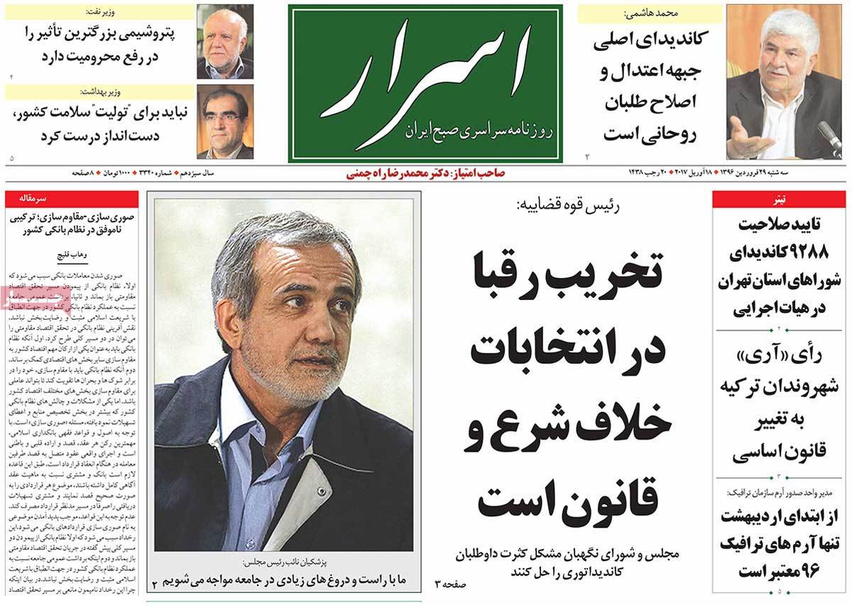 A Look at Iranian Newspaper Front Pages on April 18 - asrar