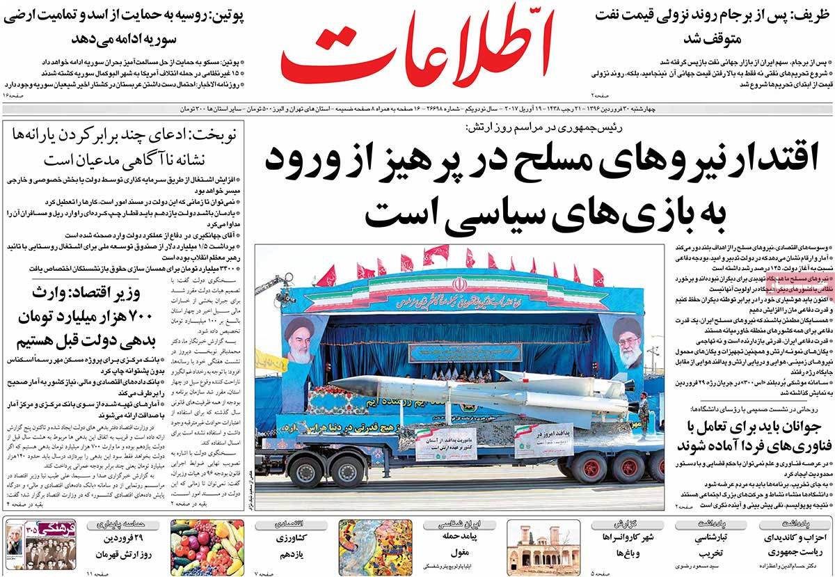A Look at Iranian Newspaper Front Pages on April 19 - etelaat