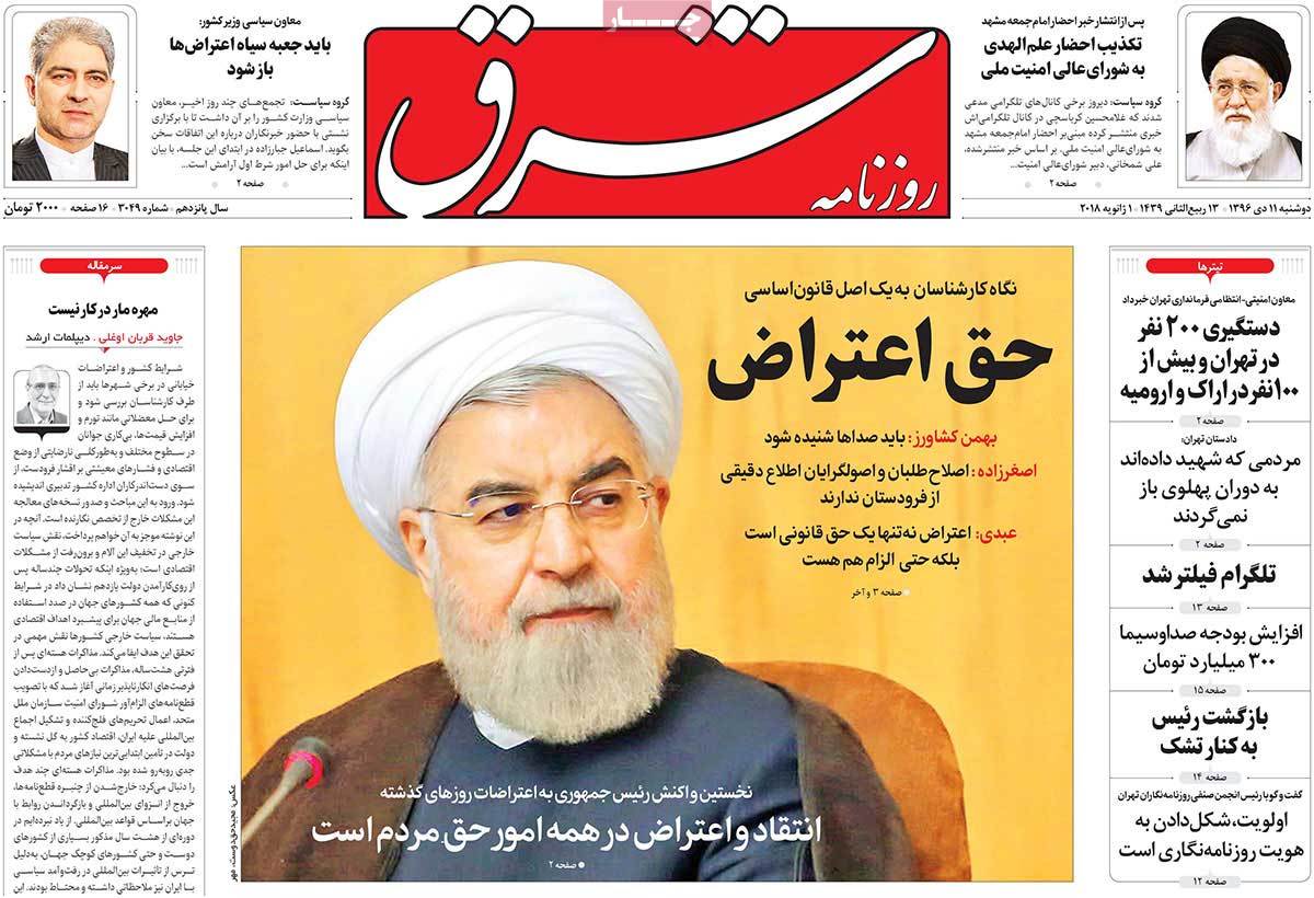 Iranian Papers Continue to Cover Iran Protests on January 1