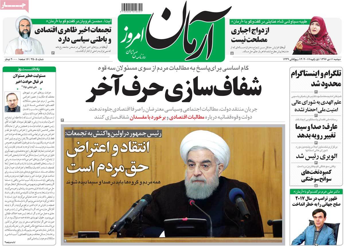 Iranian Papers Continue to Cover Iran Protests on January 1