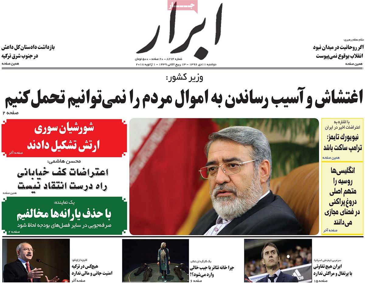 Iranian Papers Continue to Cover Iran Protests on January 1