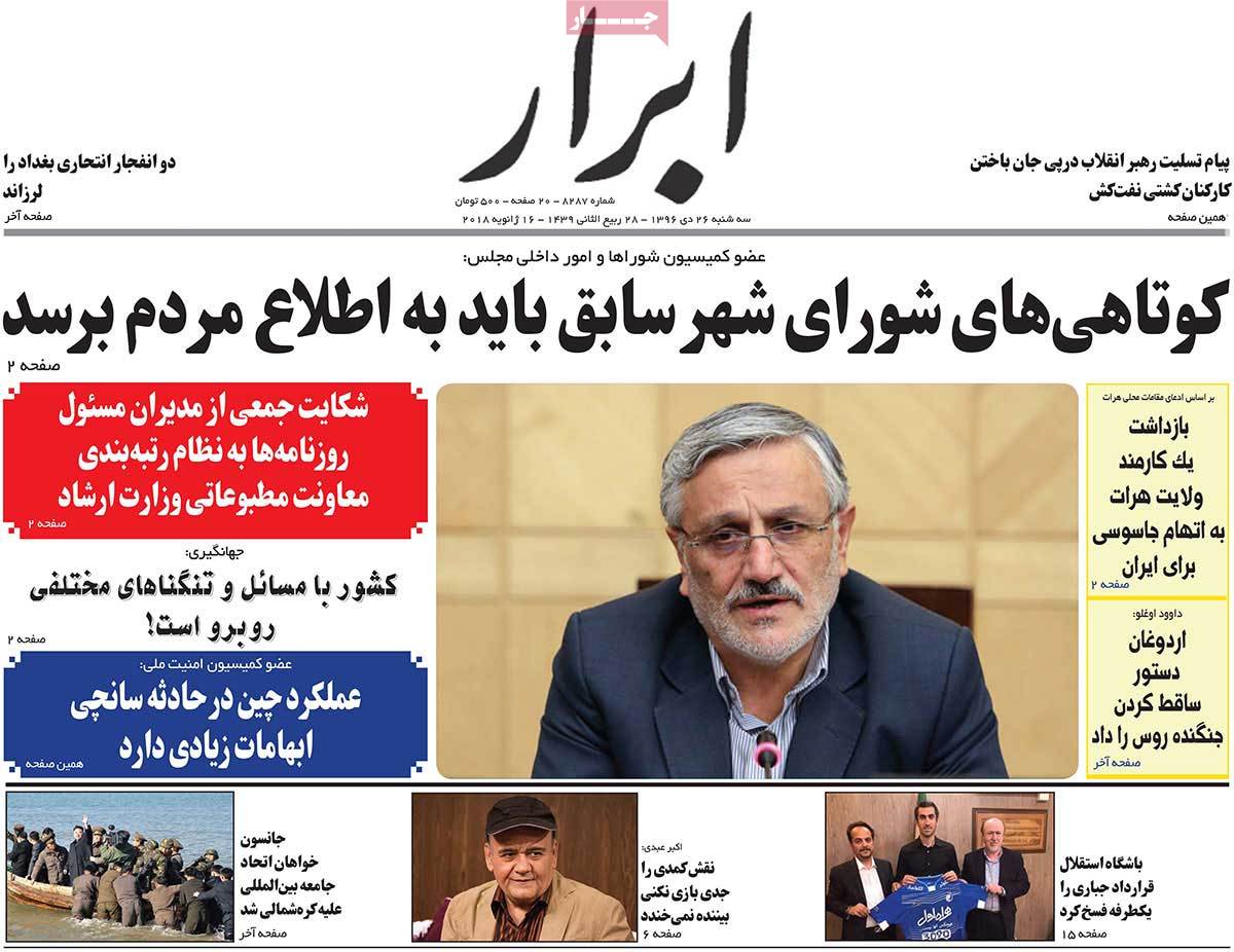 A Look at Iranian Newspaper Front Pages on January 16