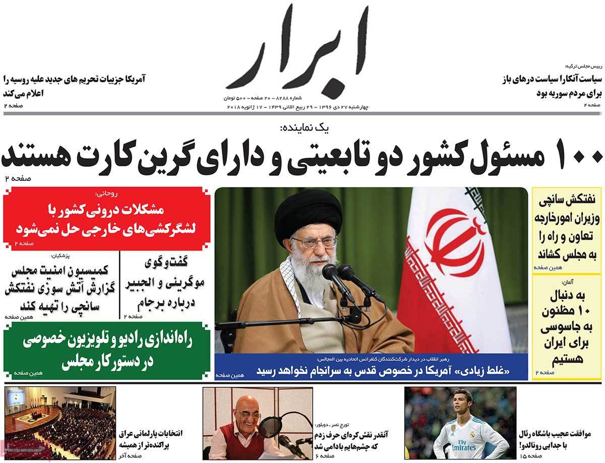 A Look at Iranian Newspaper Front Pages on January 17