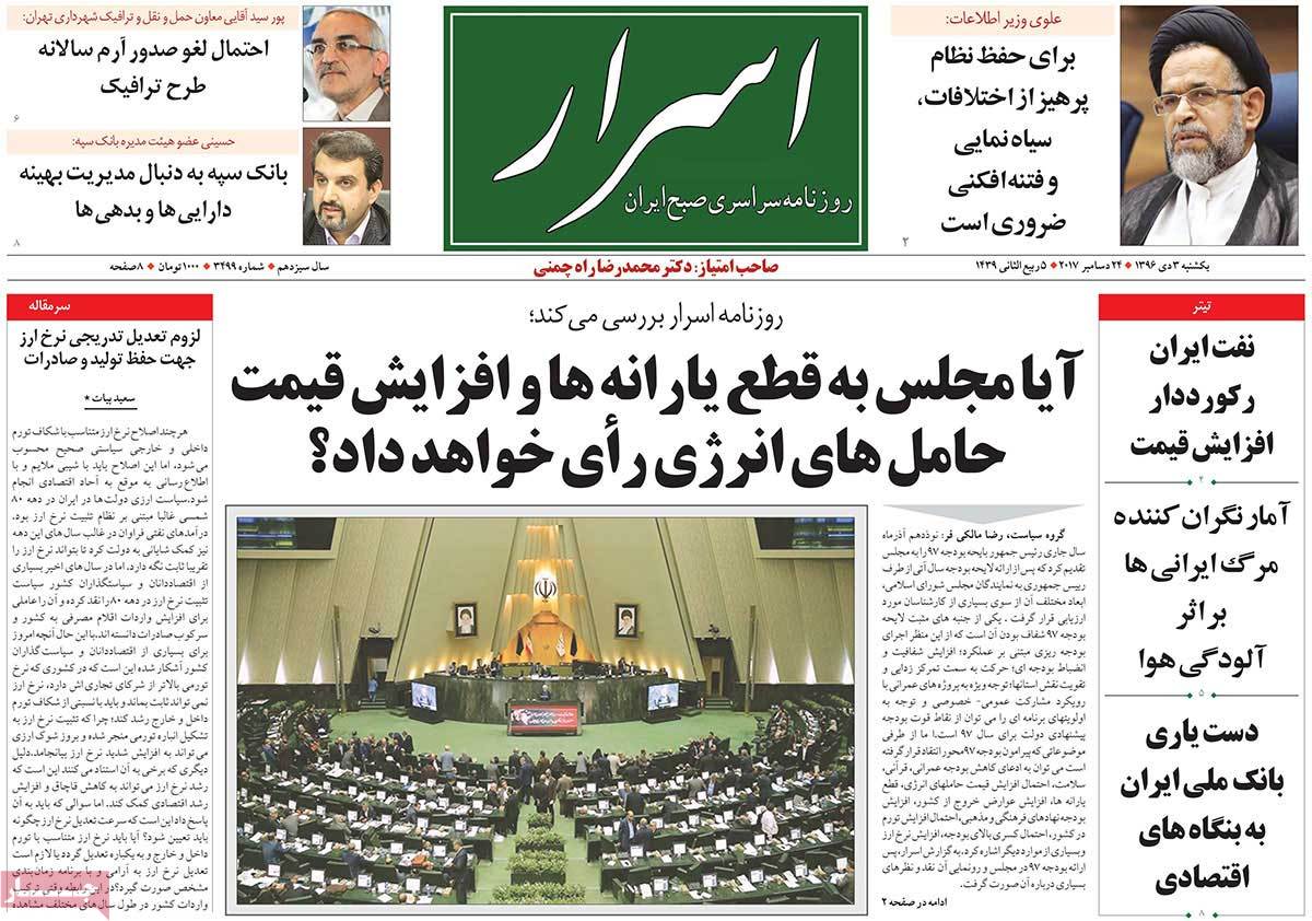 A Look at Iranian Newspaper Front Pages on December 24