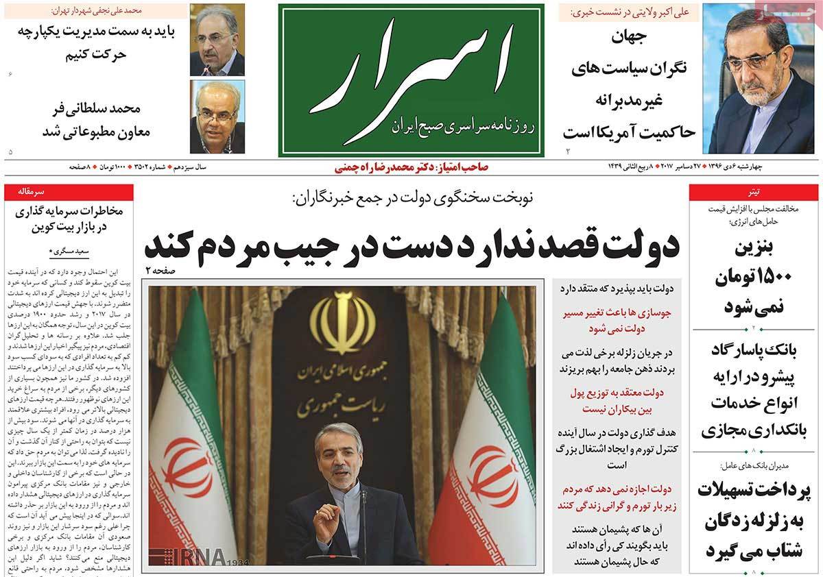 A Look at Iranian Newspaper Front Pages on December 27