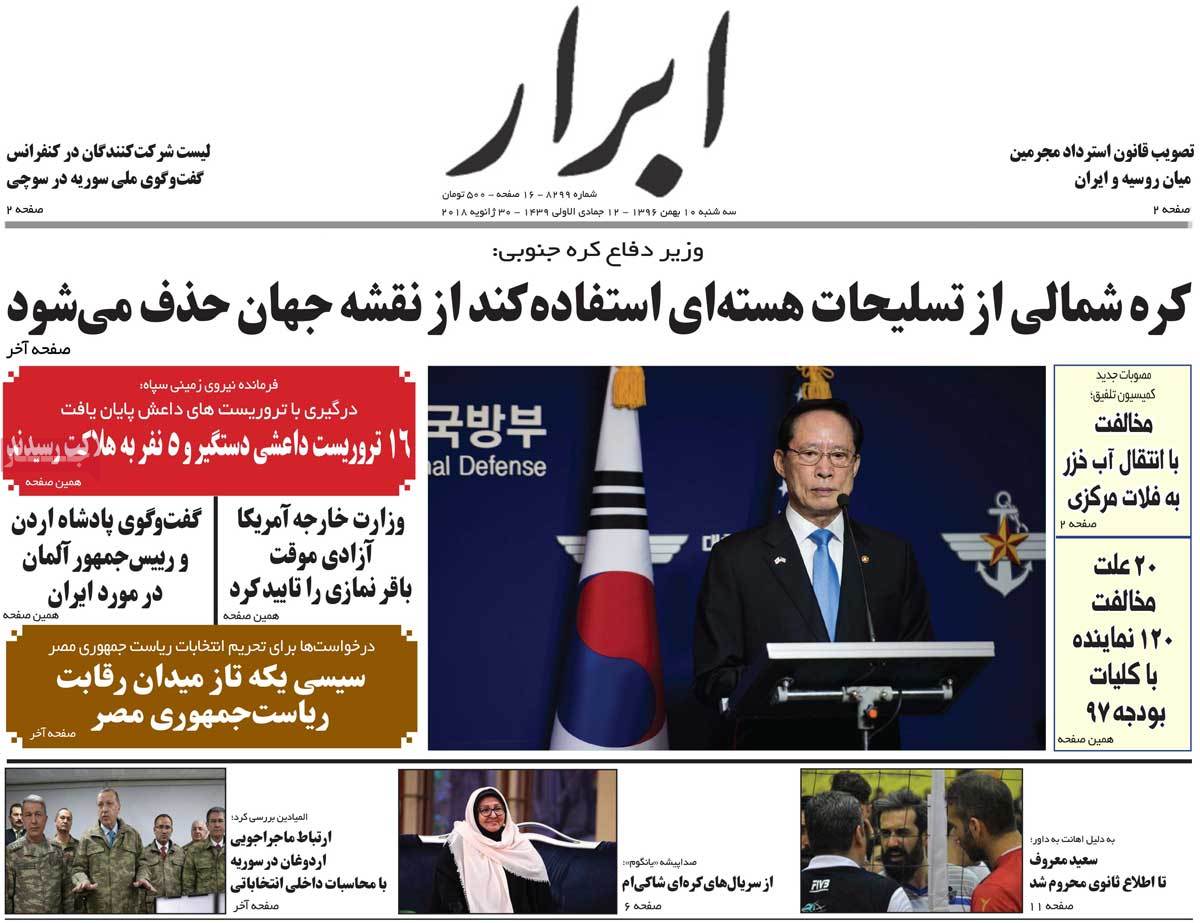 A Look at Iranian Newspaper Front Pages on January 30