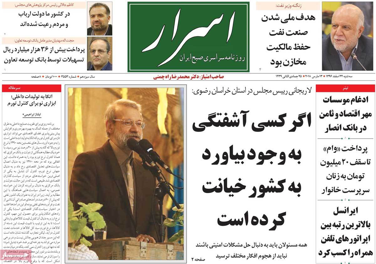 A Look at Iranian Newspaper Front Pages on March 13