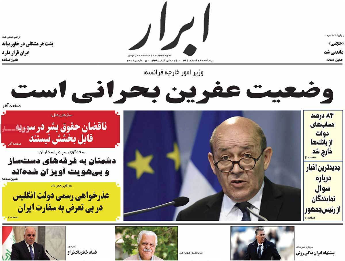 A Look at Iranian Newspaper Front Pages on March 15