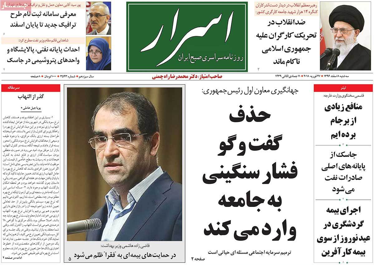 A Look at Iranian Newspaper Front Pages on February 27