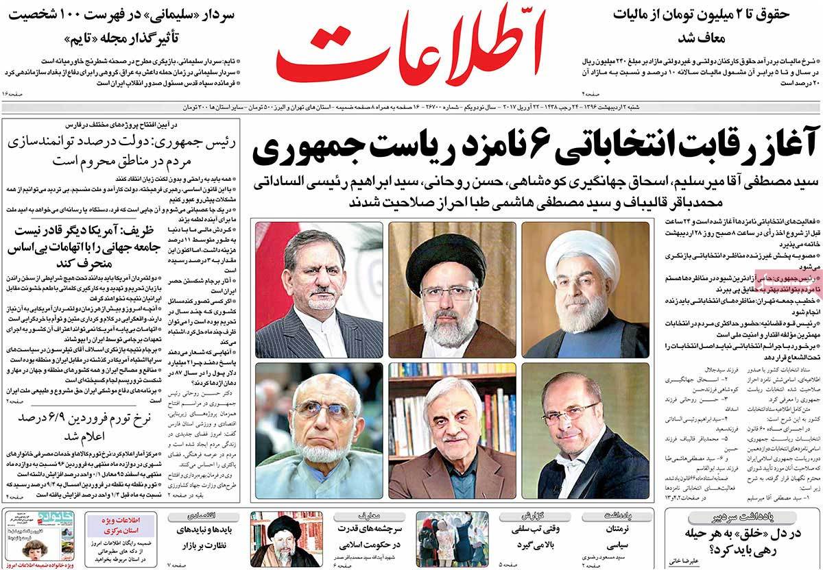 A Look at Iranian Newspaper Front Pages on April 22 -etelaat A Look at Iranian Newspaper Front Pages on April 22 -etelaat