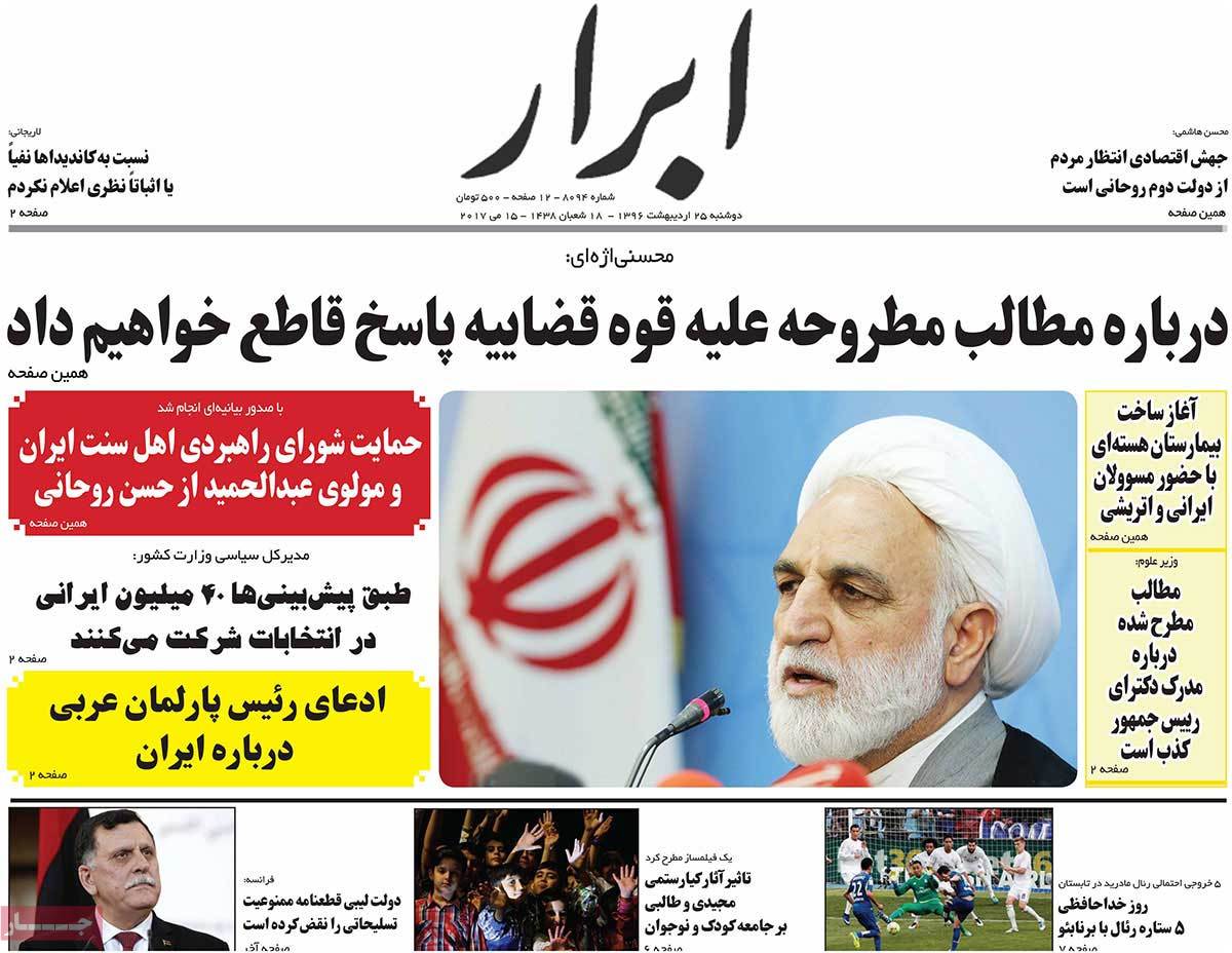 A Look at Iranian Newspaper Front Pages on May 15