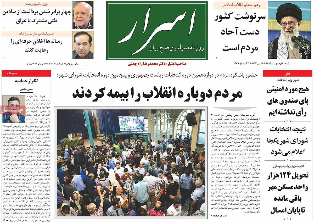 Iranian Newspaper Front Pages on Day after Election