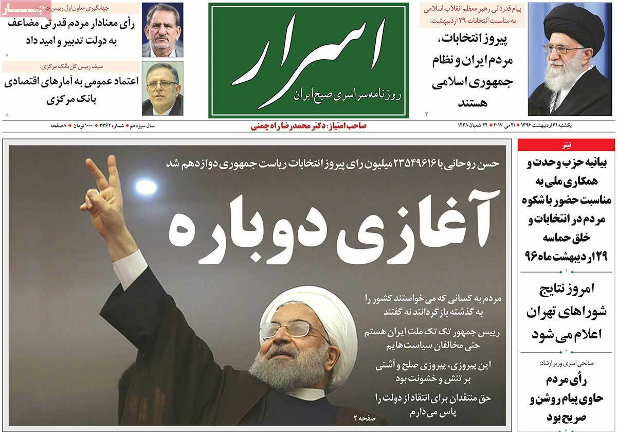 Rouhanis Re-Election in Iranian Newspaper Front Pages - asrar