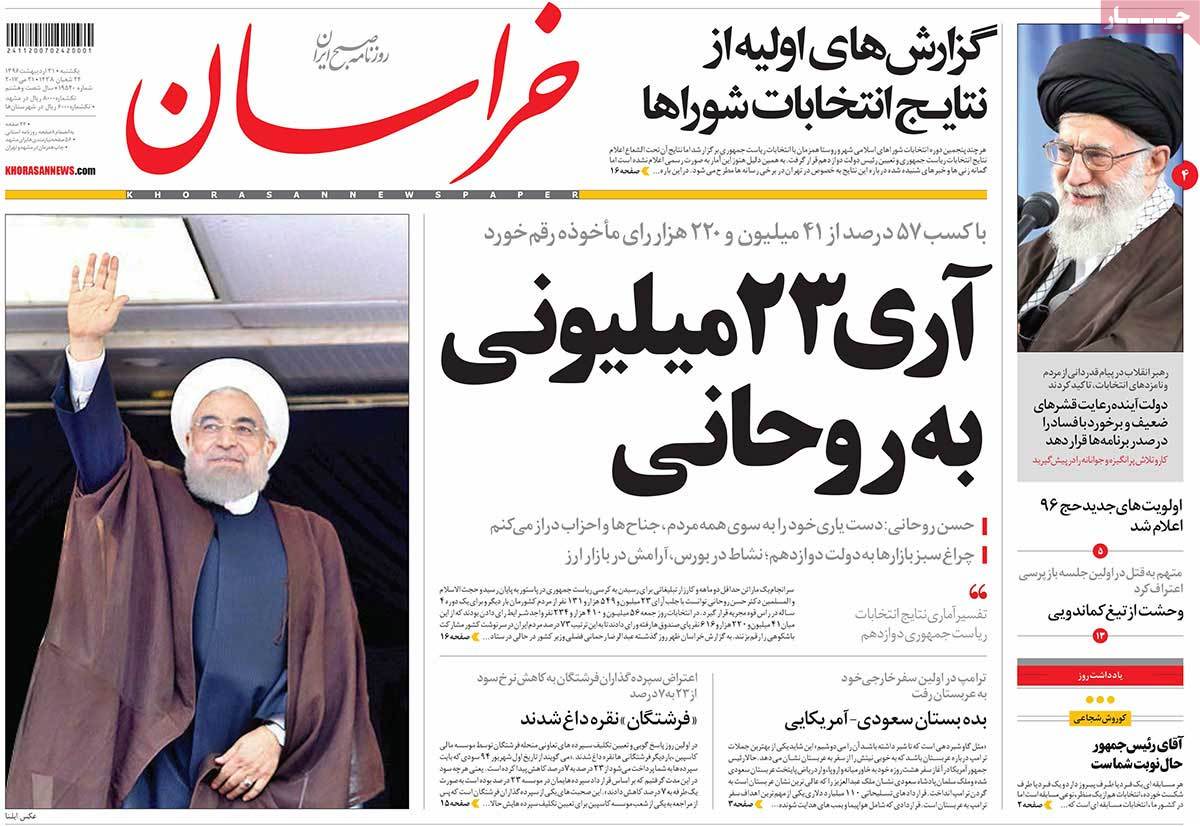 Rouhanis Re-Election in Iranian Newspaper Front Pages - khorasan