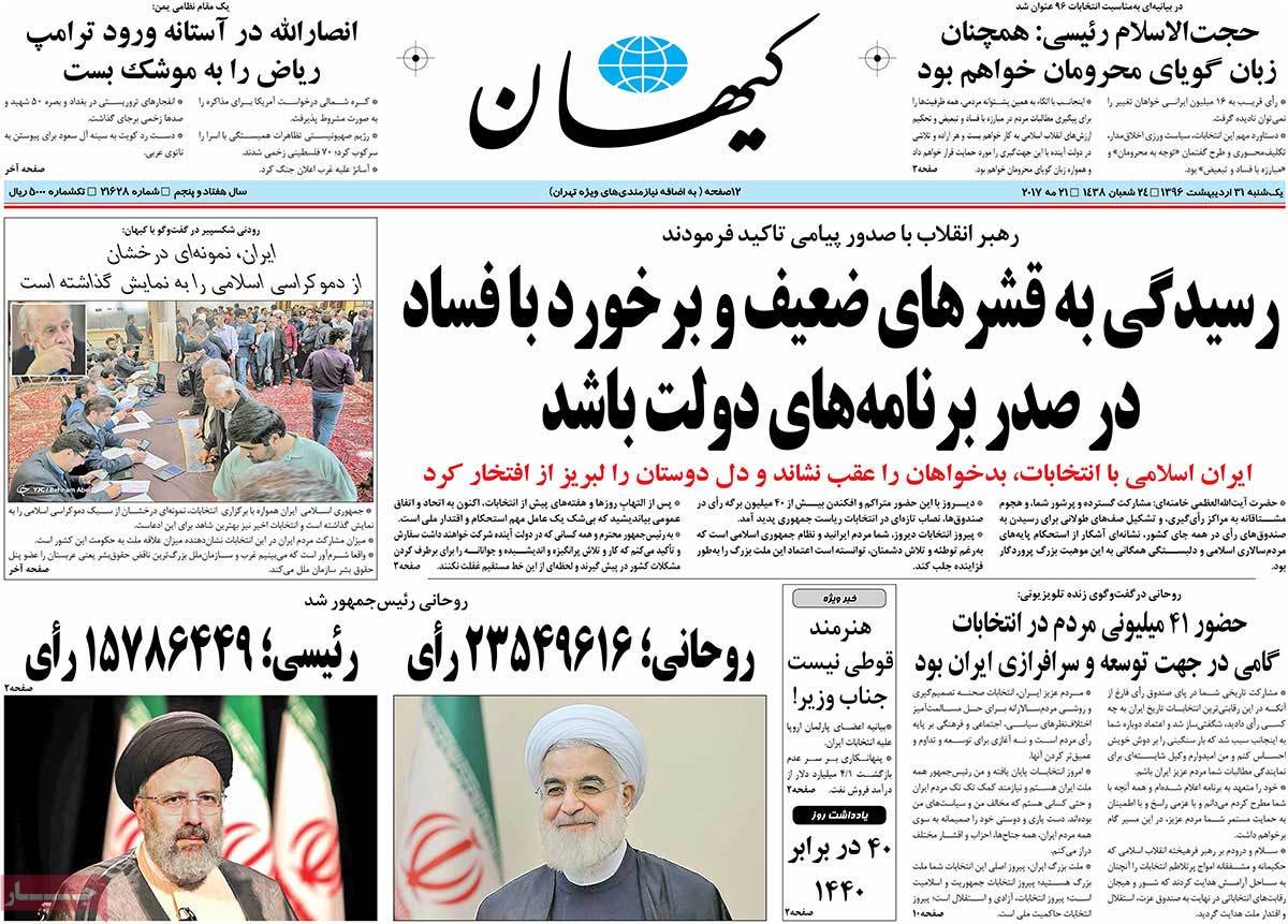 Rouhani’s Re-Election in Iranian Newspaper Front Pages - keyhan