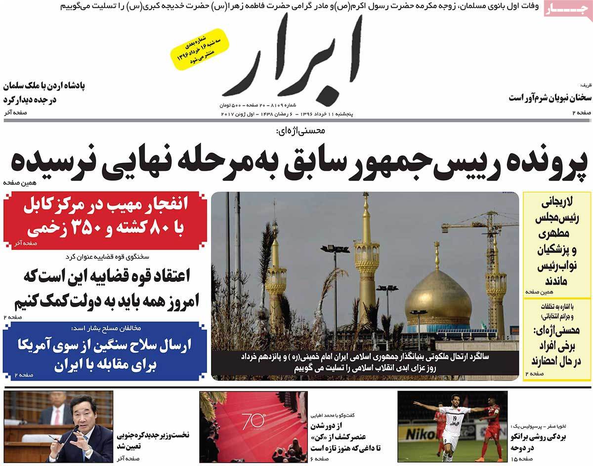 A Look at Iranian Newspaper Front Pages on June 1