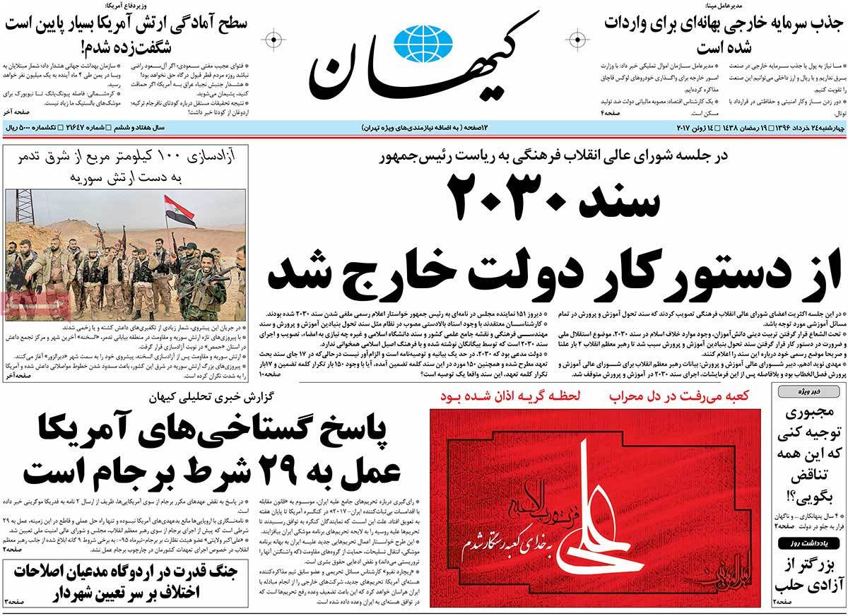 A Look at Iranian Newspaper Front Pages on June 14 -keyhan