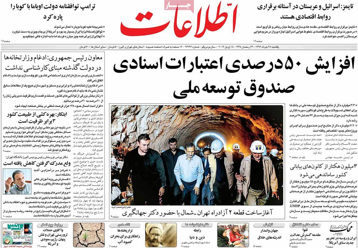 A Look at Iranian Newspaper Front Pages on June 18 - etelaat