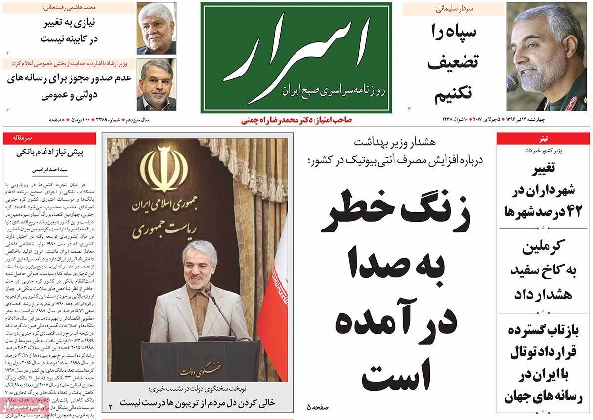 A Look at Iranian Newspaper Front Pages on July 5 - asrar