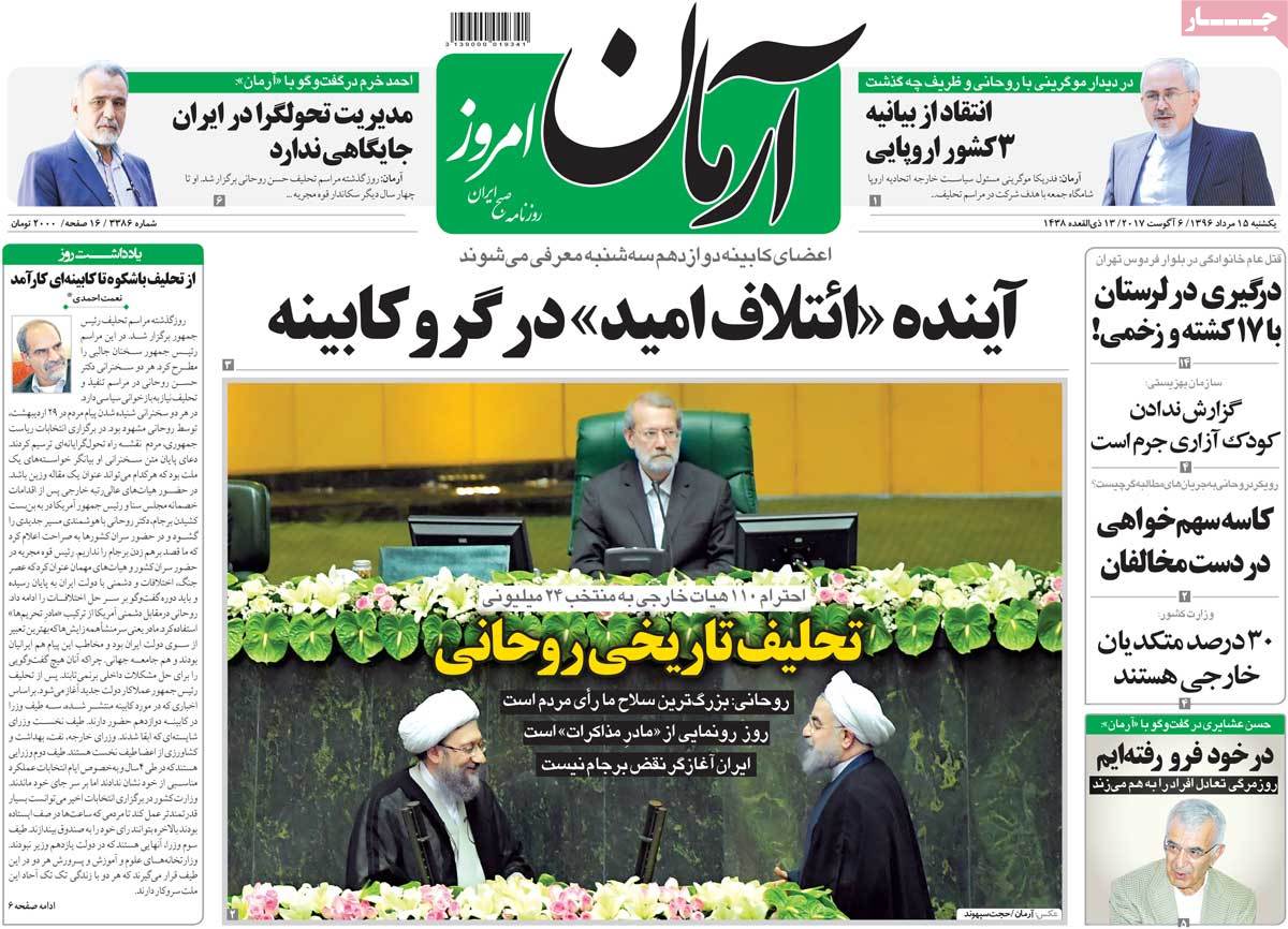 Iranian Newspapers Widely Cover Rouhani’s Inauguration -arman