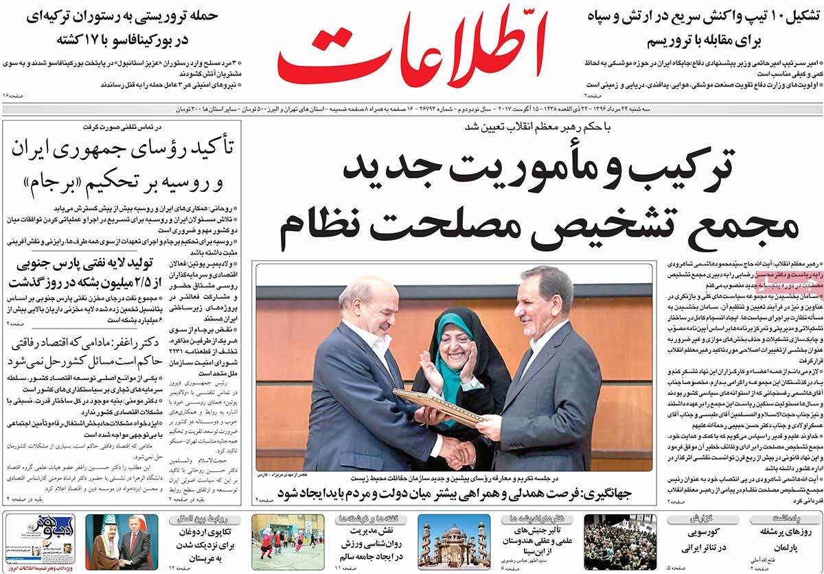 A Look at Iranian Newspaper Front Pages on August 15 - etelaat