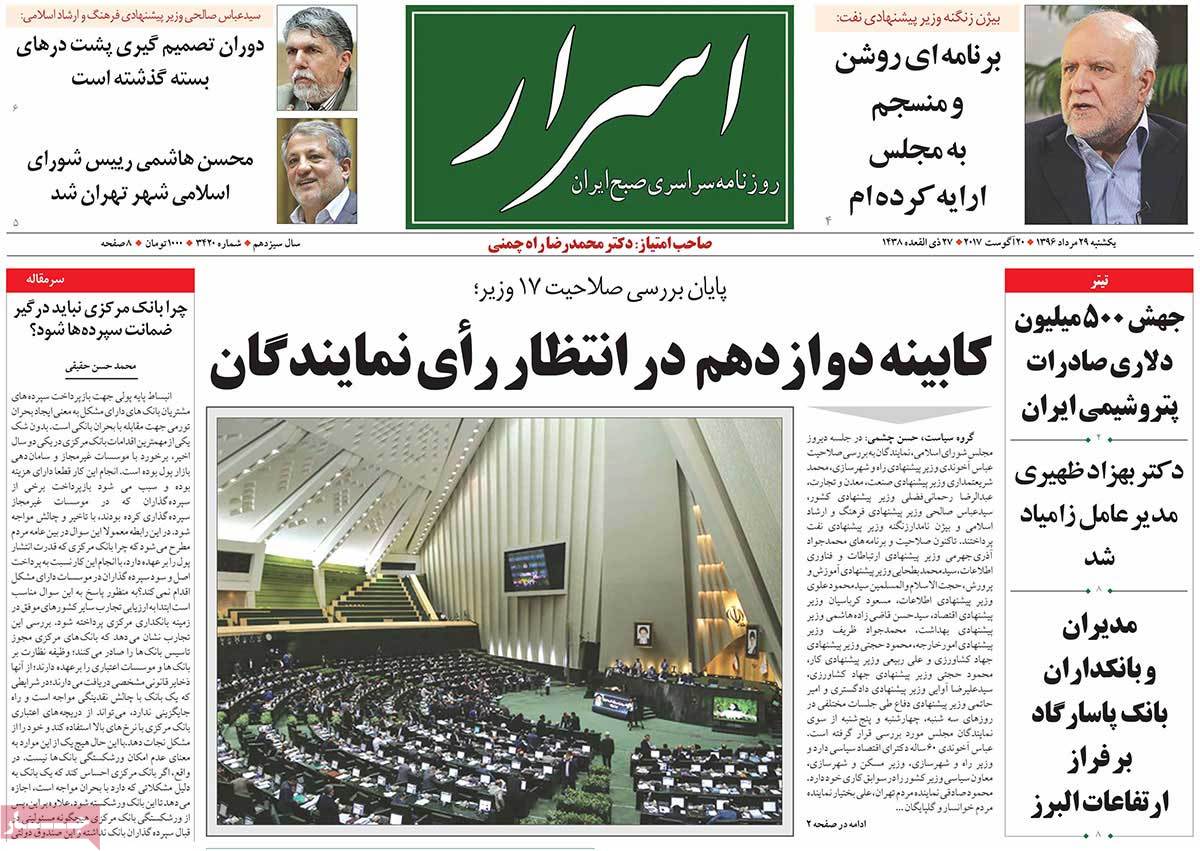 A Look at Iranian Newspaper Front Pages on August 20