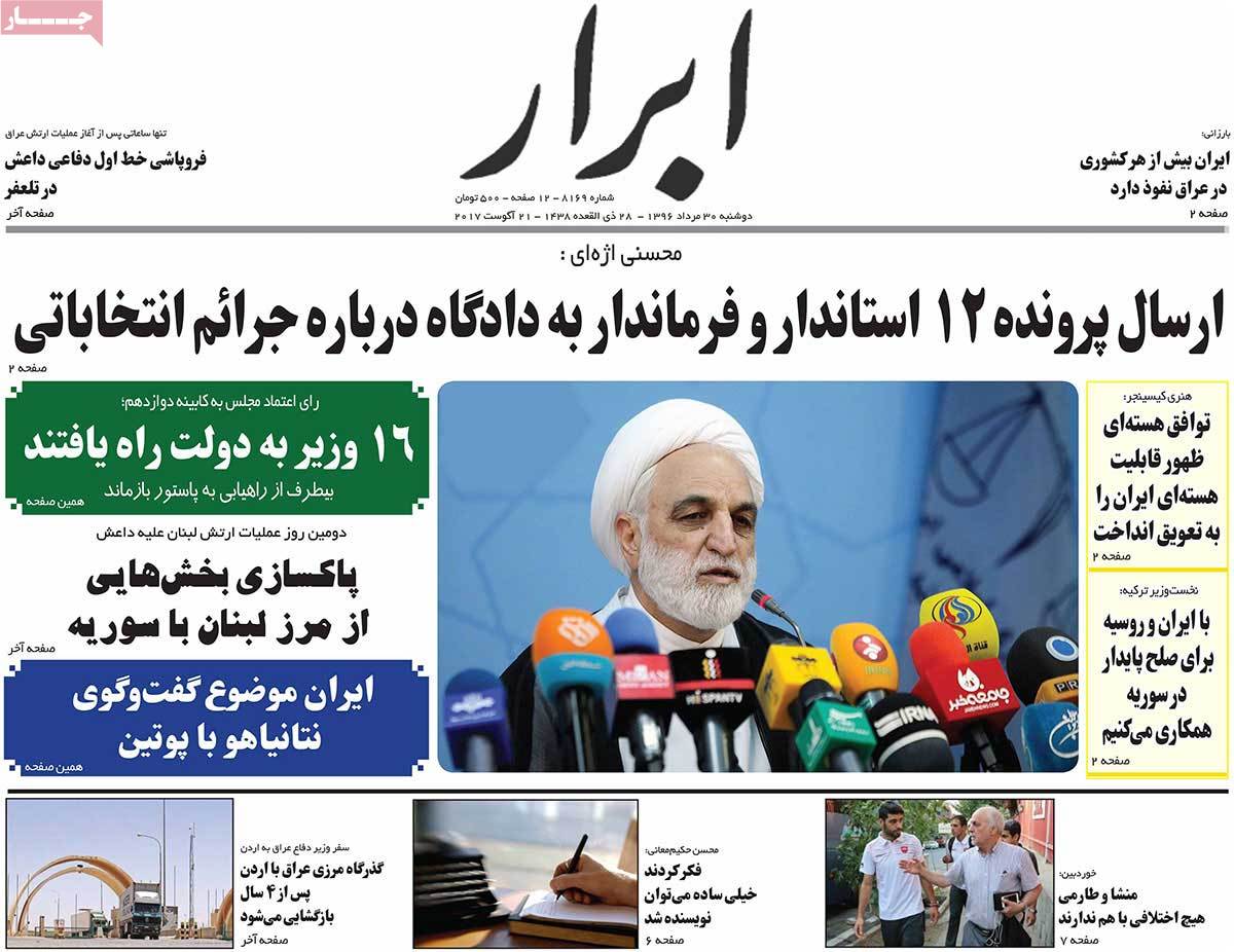 A Look at Iranian Newspaper Front Pages on August 21