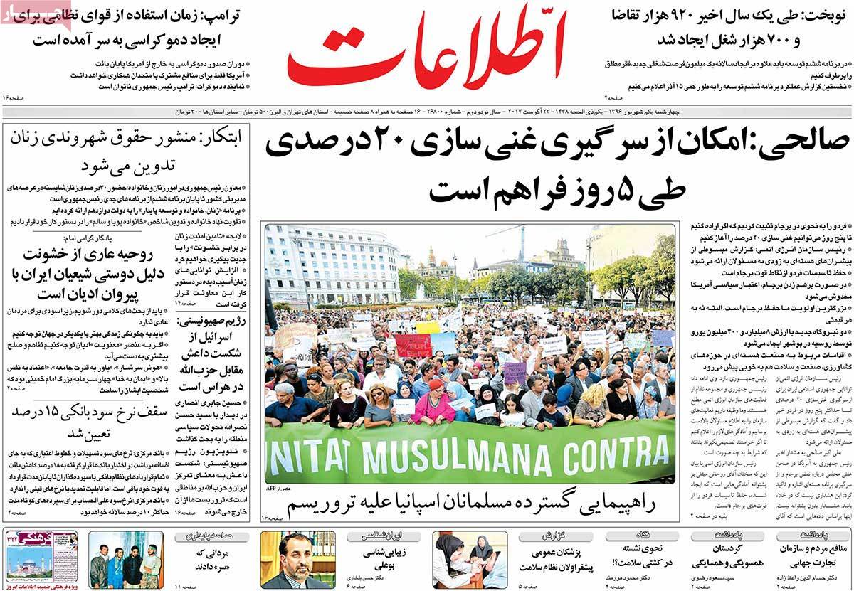A Look at Iranian Newspaper Front Pages on August 23 - etelaat