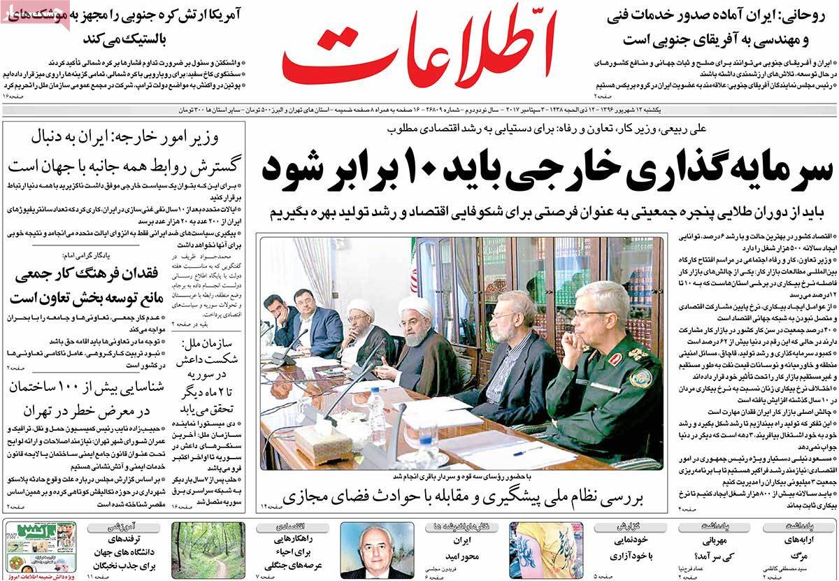 A Look at Iranian Newspaper Front Pages on September 3 - etelaat