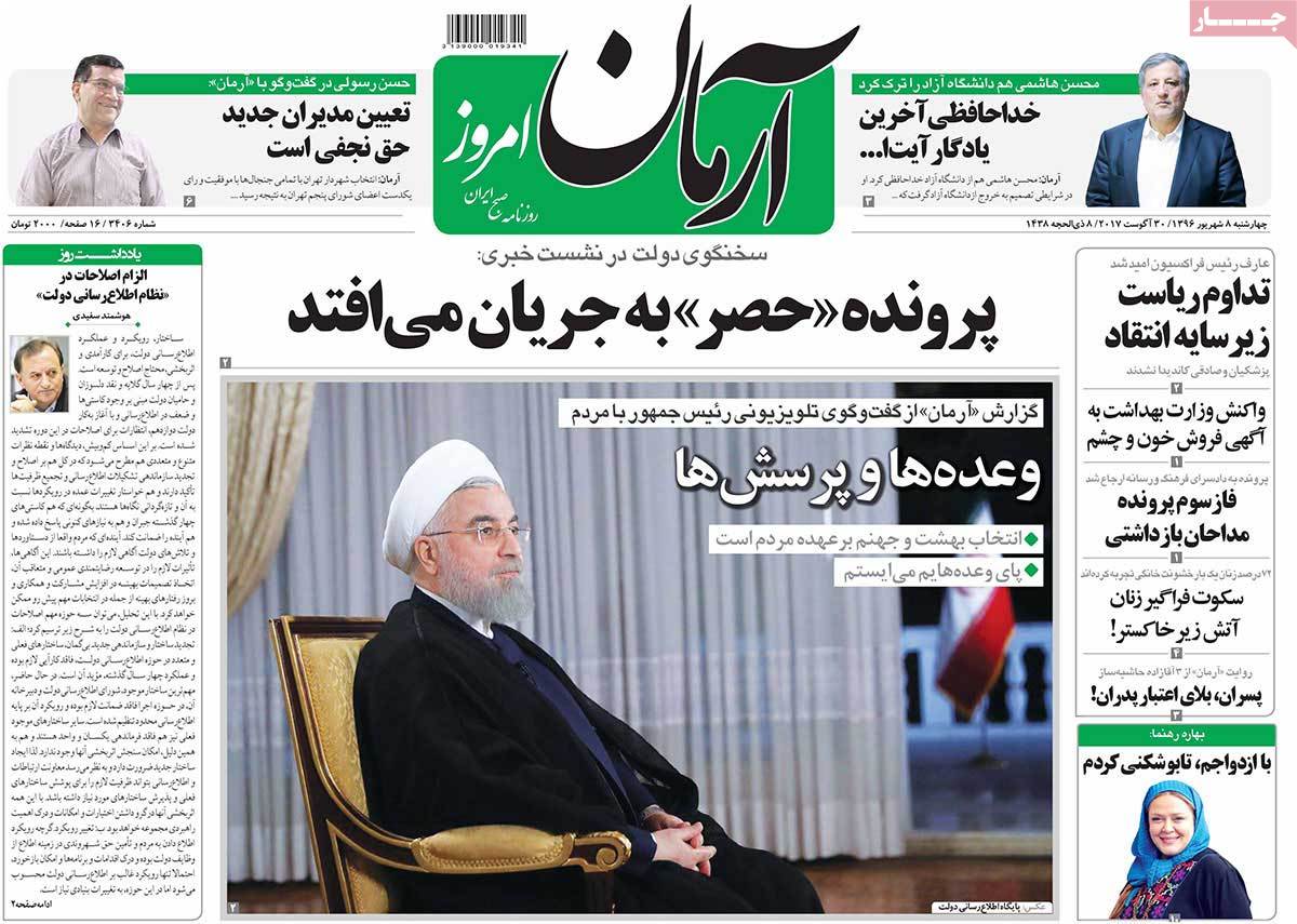 A Look at Iranian Newspaper Front Pages on August 30 - arman