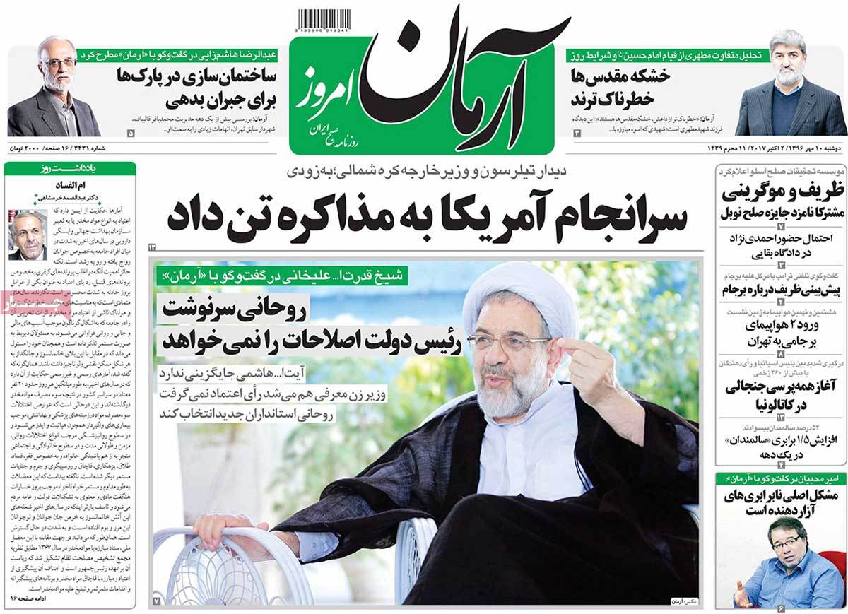 A Look at Iranian Newspaper Front Pages on October 2