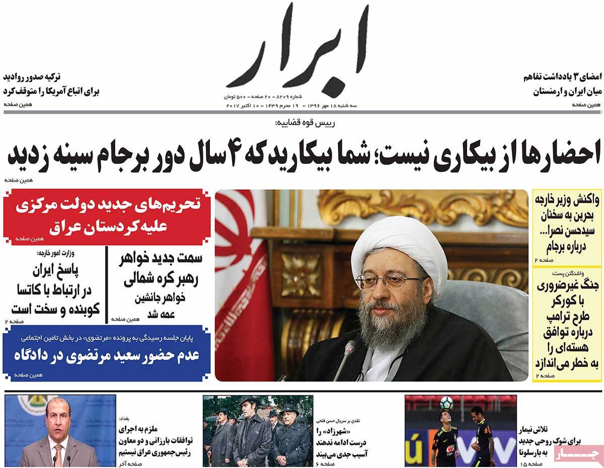 A Look at Iranian Newspaper Front Pages on October 10