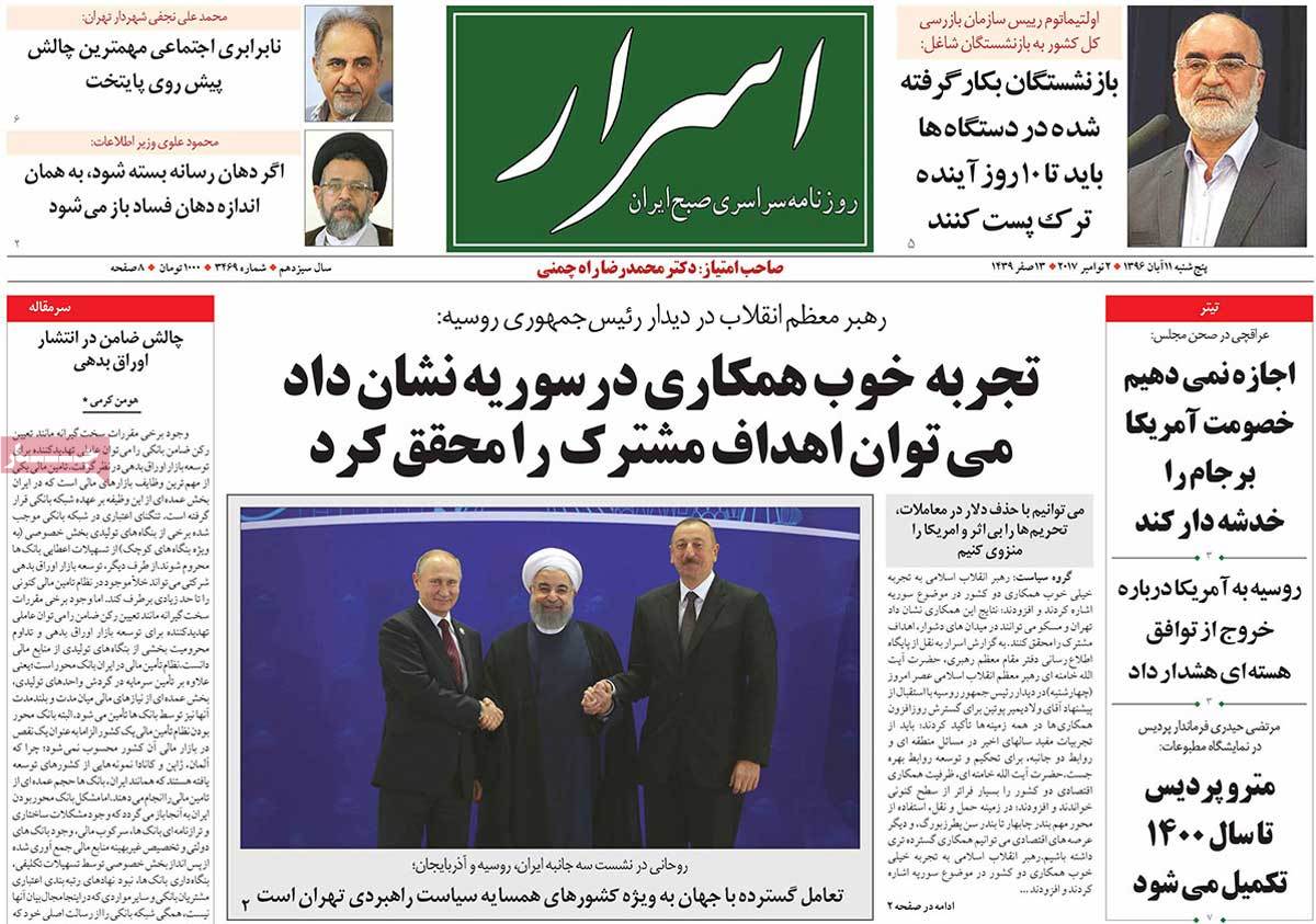 A Look at Iranian Newspaper Front Pages on November 2