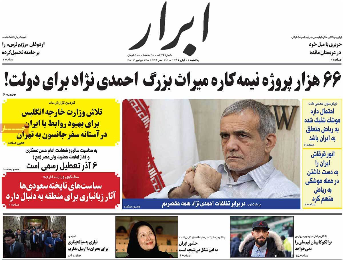 A Look at Iranian Newspaper Front Pages on November 12