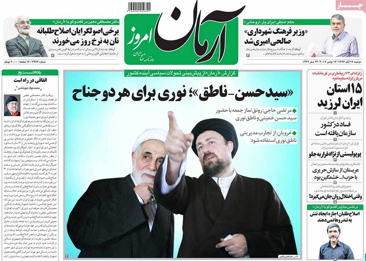 A Look at Iranian Newspaper Front Pages on November 13