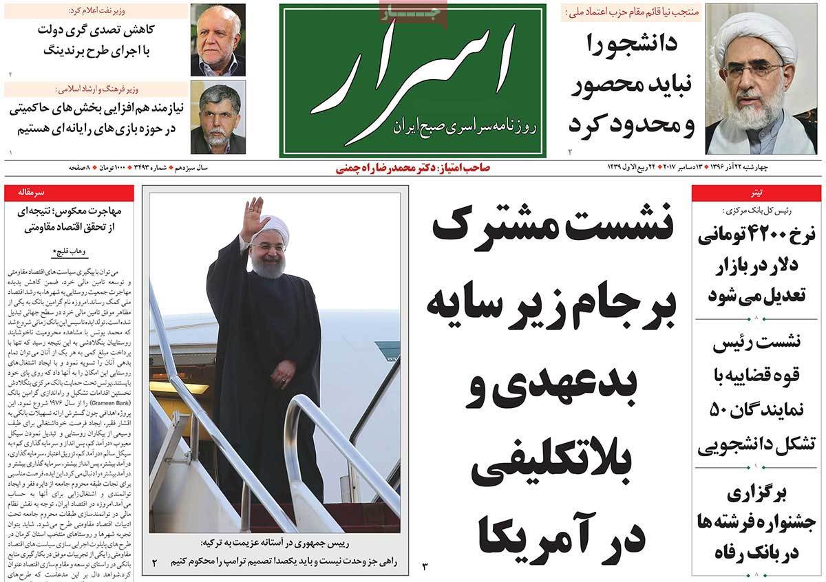 A Look at Iranian Newspaper Front Pages on December 13