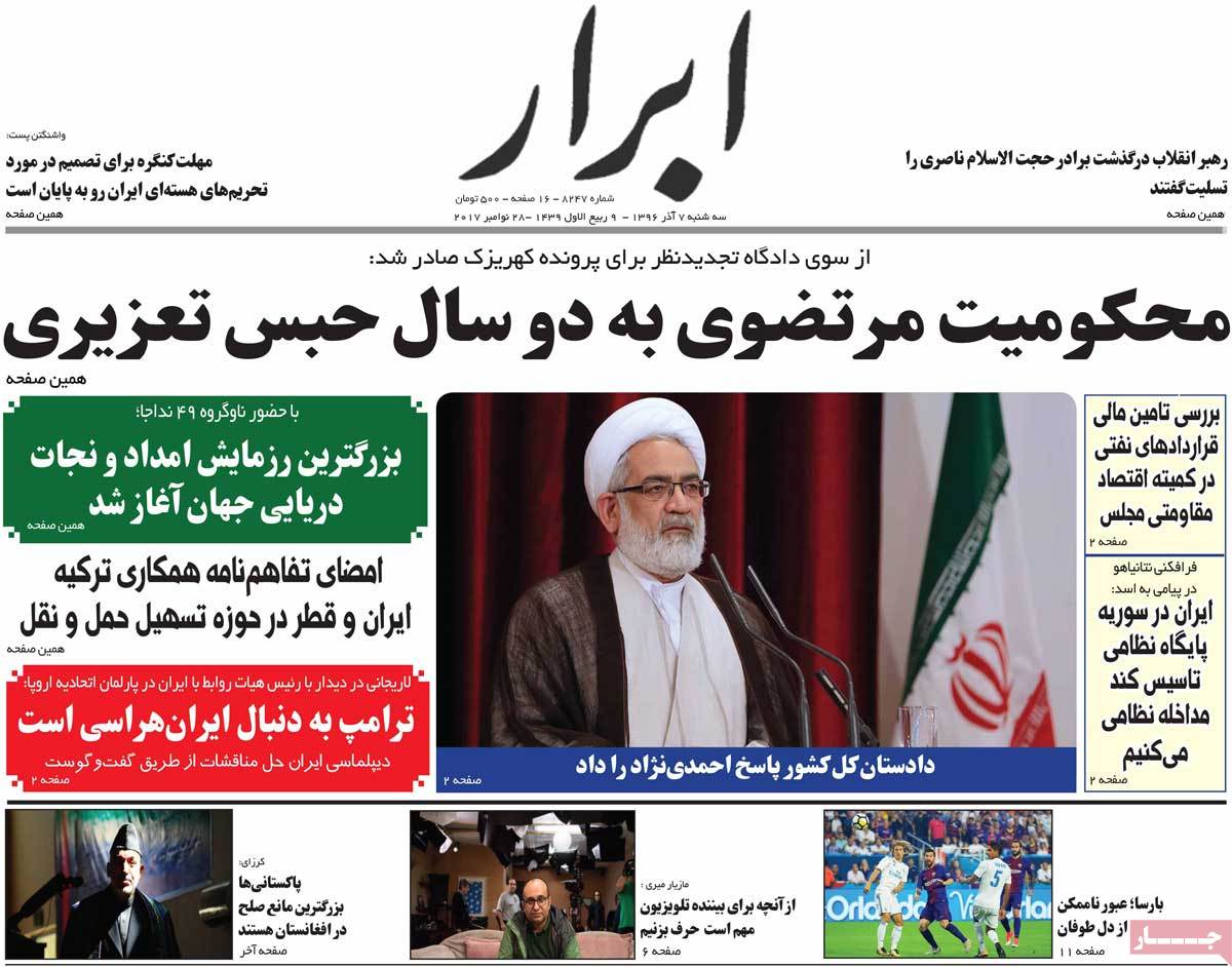 A Look at Iranian Newspaper Front Pages on November 28